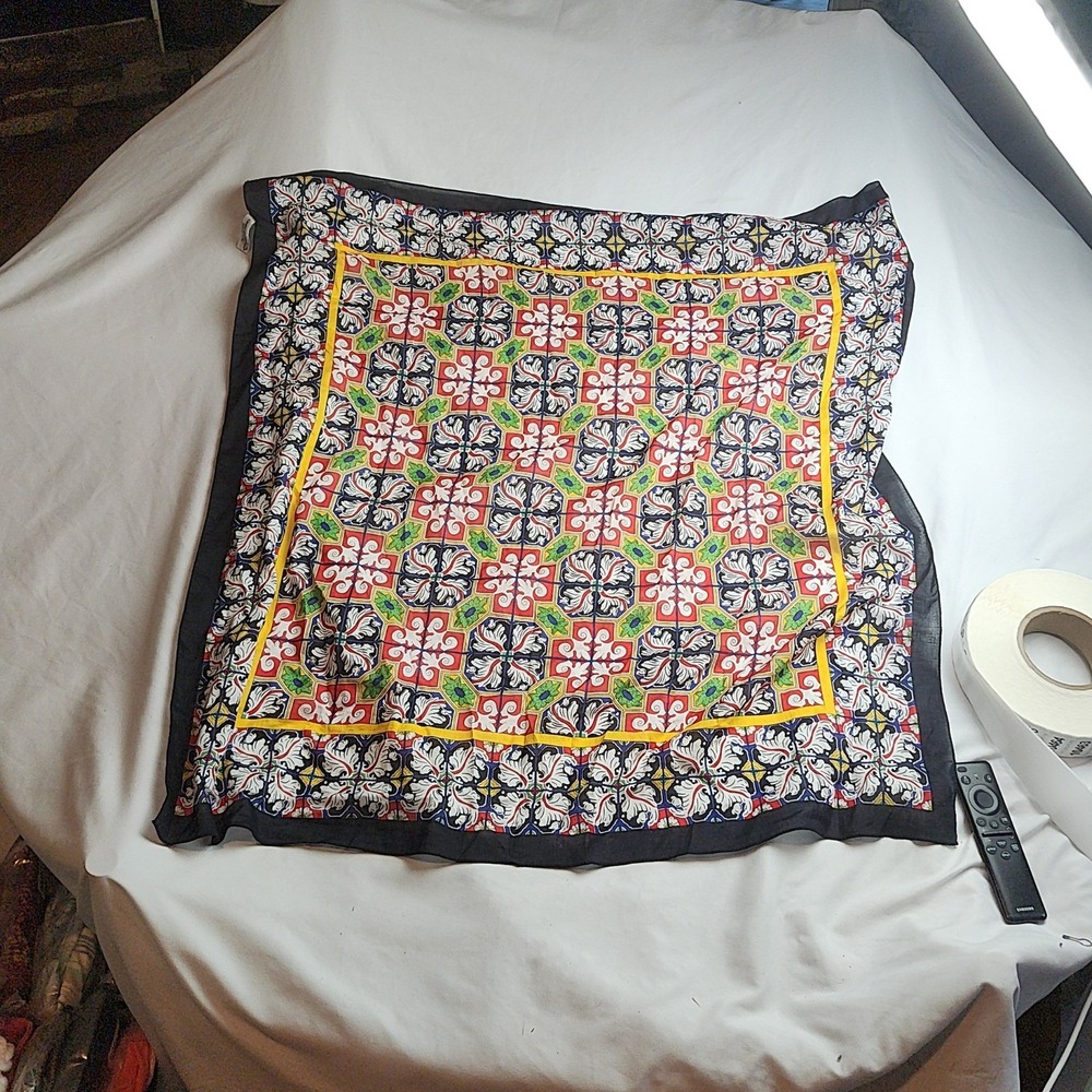 Floral Tile Print Square Scarf Multicolor Black Border Yellow Trim 34x34 Inch